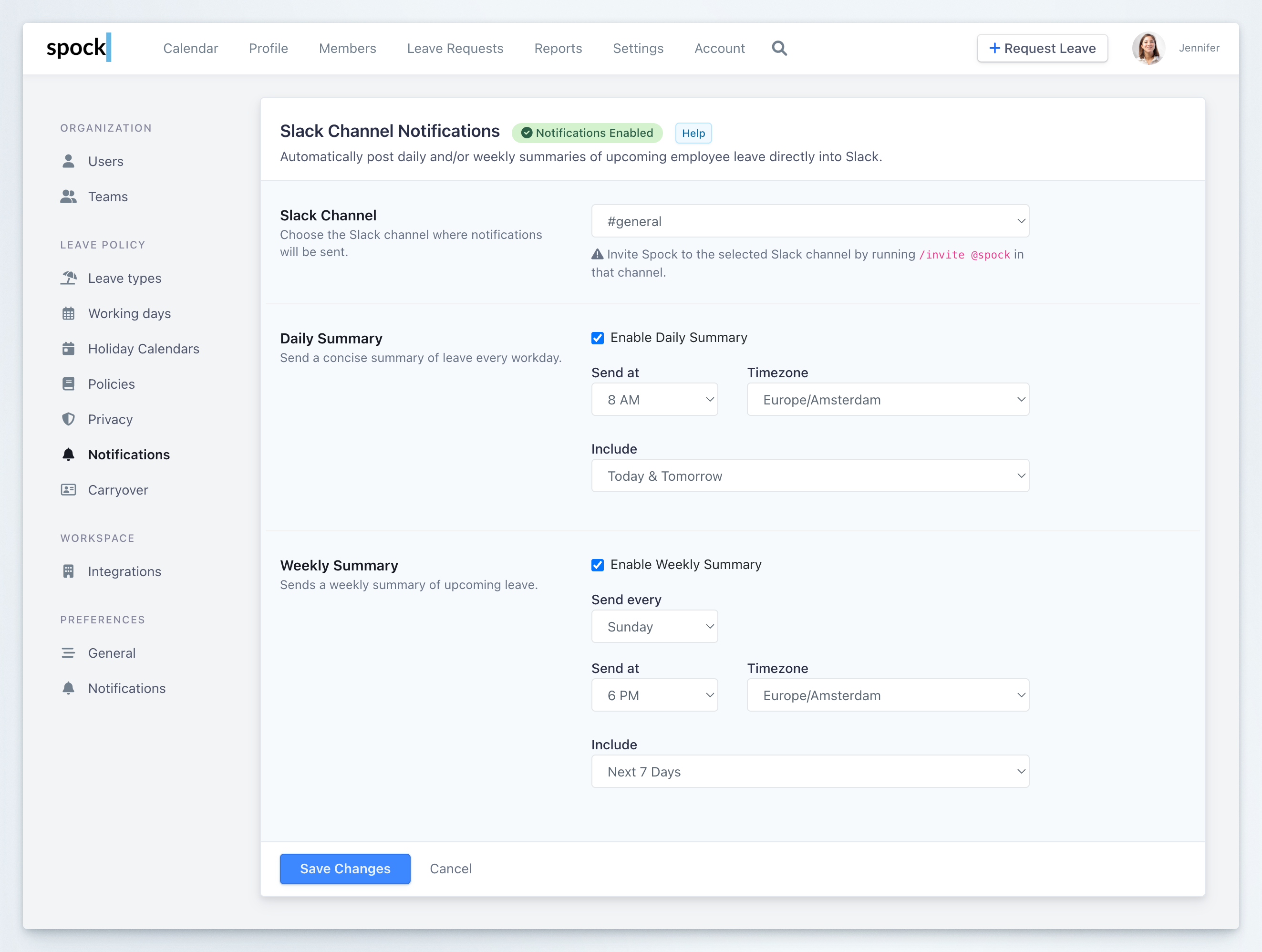 Slack Channel Notifications configuration interface