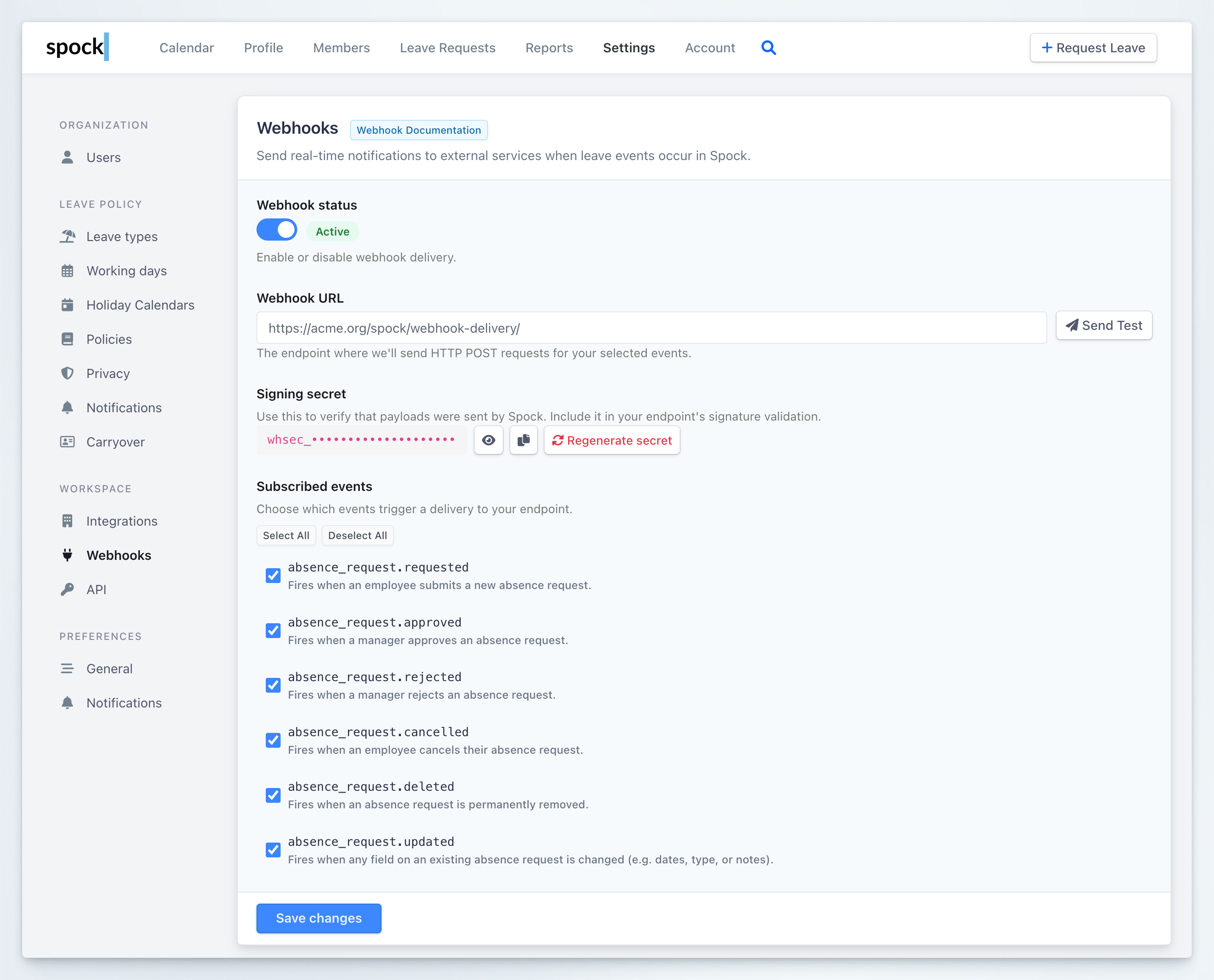 Webhook settings page showing status toggle, URL input, signing secret, and event subscriptions