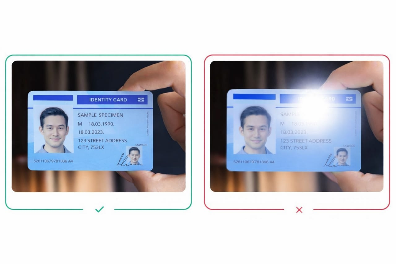 Correct vs incorrect lighting: even lighting with no glare (correct) vs flash/glare obscuring details (incorrect)