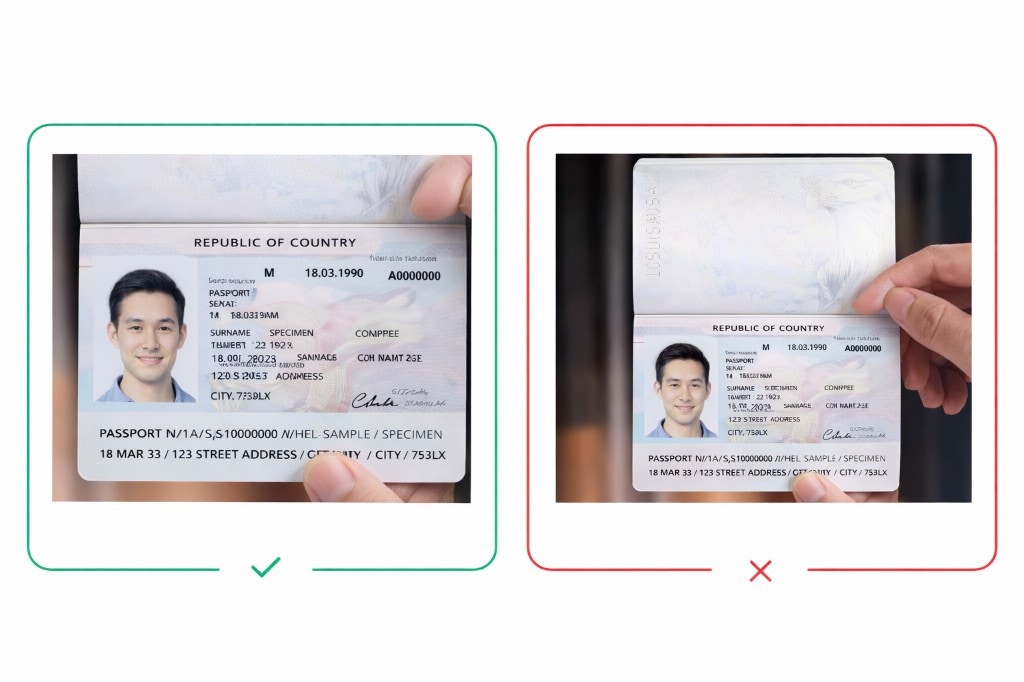 Correct vs incorrect passport capture: full data page visible and unobstructed (correct) vs hands covering MRZ or bottom text (incorrect)