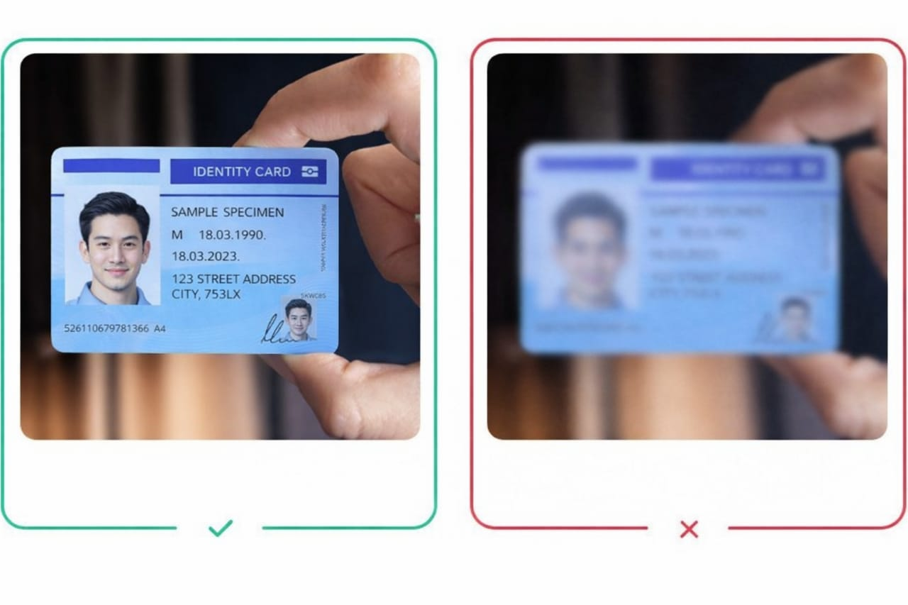 Correct vs incorrect resolution: sharp, readable card (correct) vs blurred, unreadable card (incorrect)