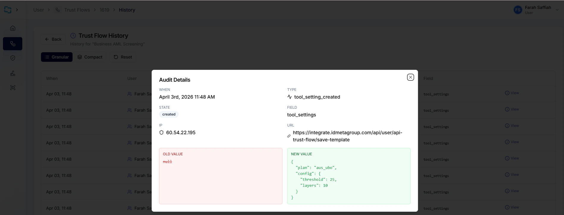 Audit details for a Trust Flow entry