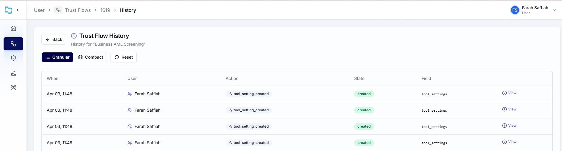Trust Flow view history list
