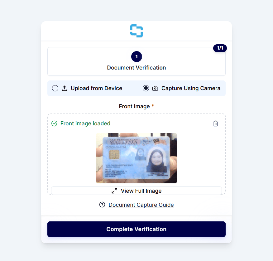 Document verification screen with Complete Verification button when Auto Submit on Camera Capture is disabled