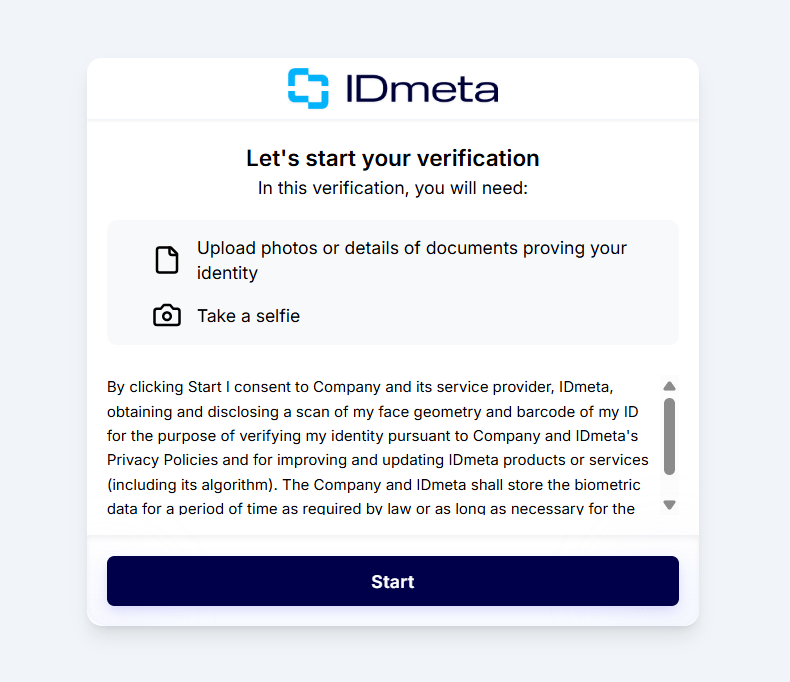 Welcome and Consent page showing an uploaded company logo