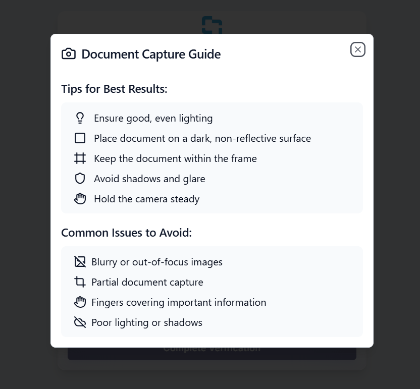 Document Capture Guide popup shown when Display Verification Guide is enabled