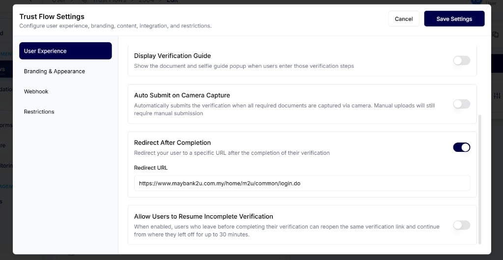 Redirect After Completion enabled with Redirect URL in Trust Flow Settings