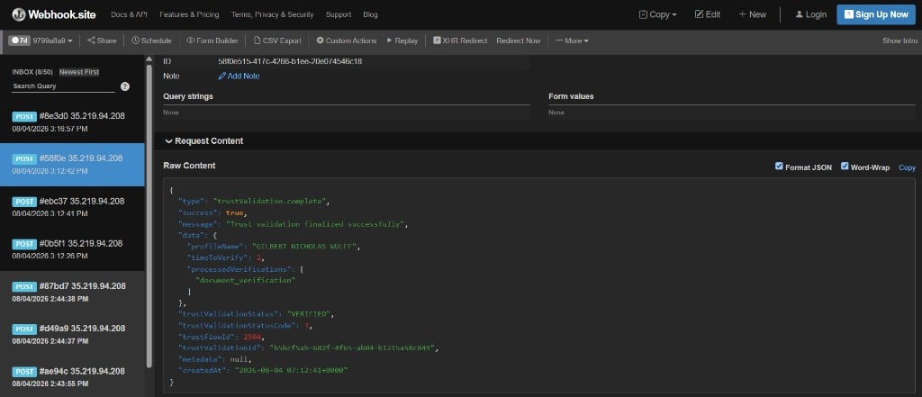 Webhook.site request body showing trustValidation.complete payload