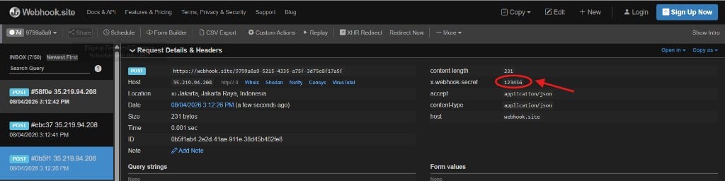 Received webhook request showing x-webhook-secret header