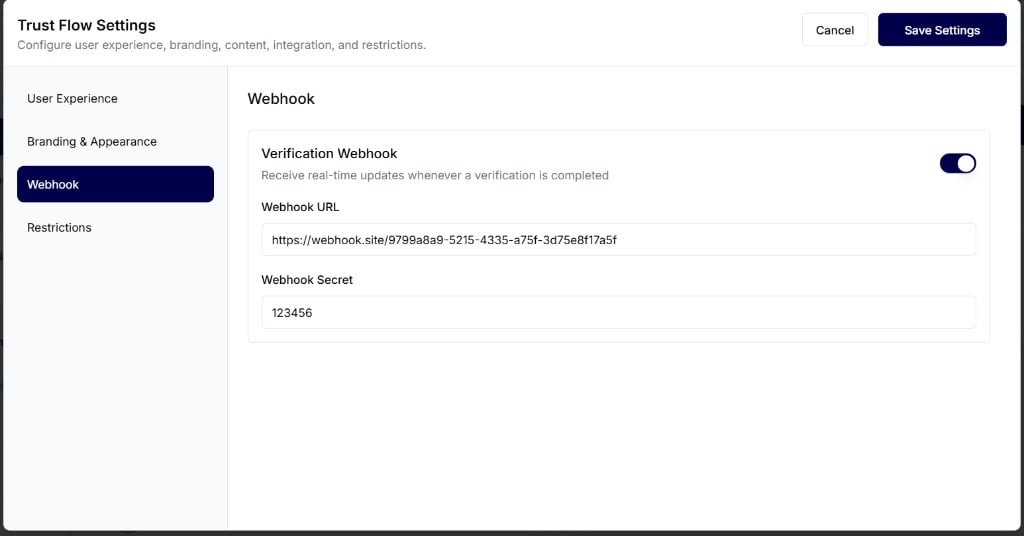 Verification Webhook enabled with Webhook URL and Webhook Secret in Trust Flow Settings