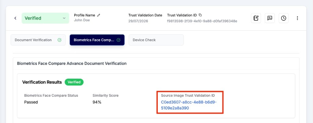 Trust Validation result showing Biometrics Face Compare Advance Document Verification with Source Image Trust Validation ID