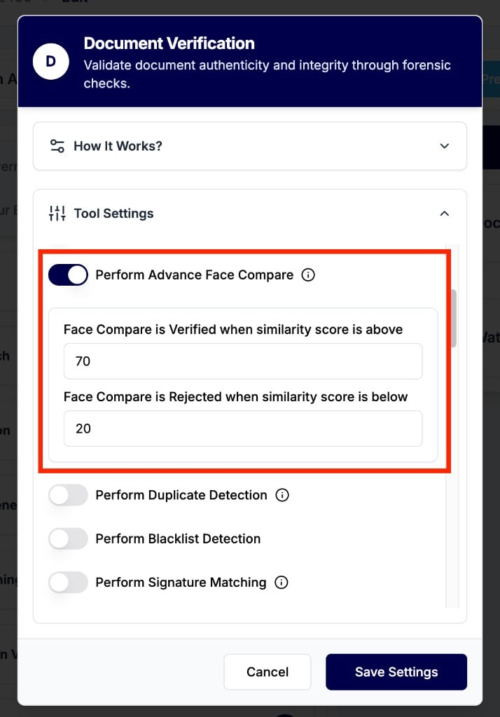 Document Verification tool settings with Perform Advance Face Compare enabled