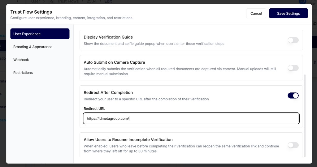 Redirect After Completion enabled with Redirect URL in Trust Flow Settings