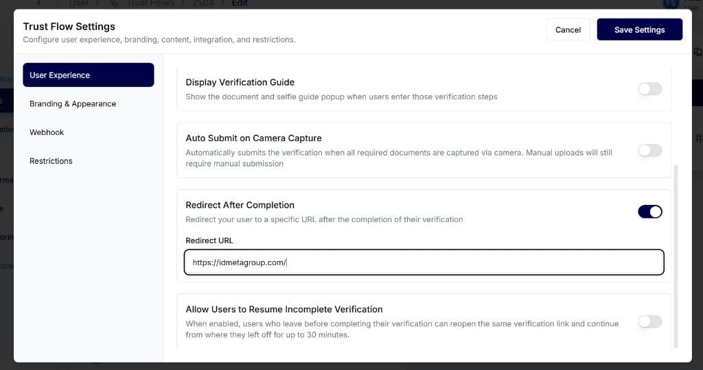 Redirect After Completion enabled with Redirect URL in Trust Flow Settings