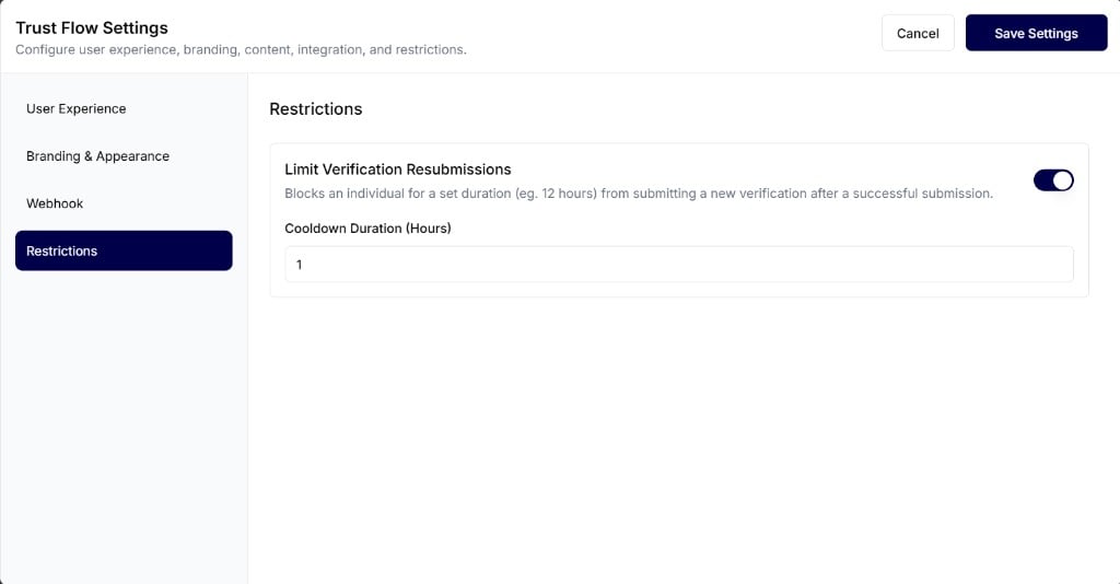 Restrictions settings in Trust Flow Settings