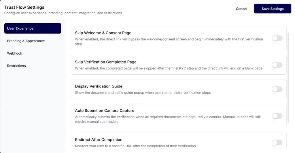 User Experience settings in Trust Flow Settings