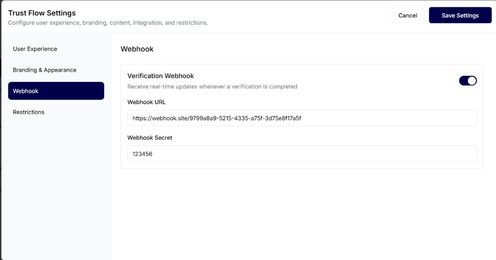 Webhook settings in Trust Flow Settings