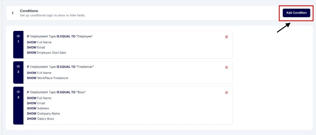 Conditions page with Add Condition and a list of existing show or hide rules