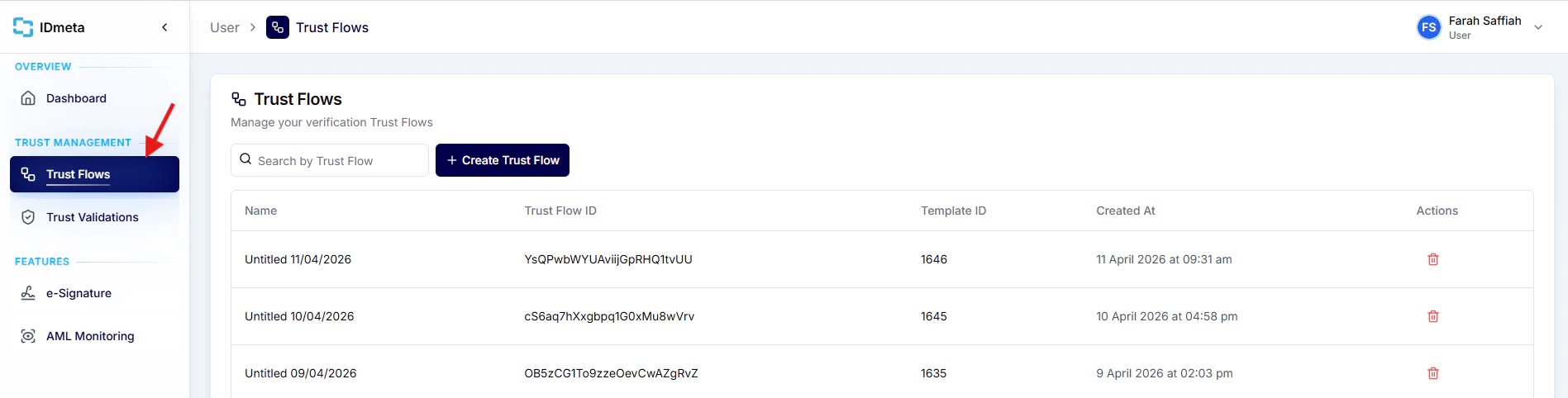 Trust Flows page in the dashboard