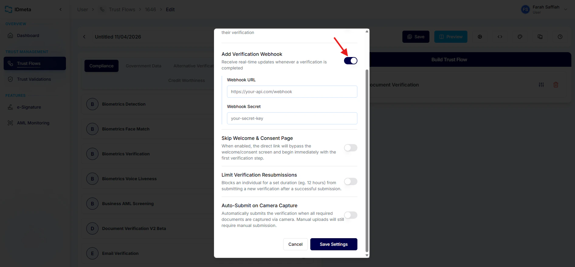 Enable webhook and enter webhook details