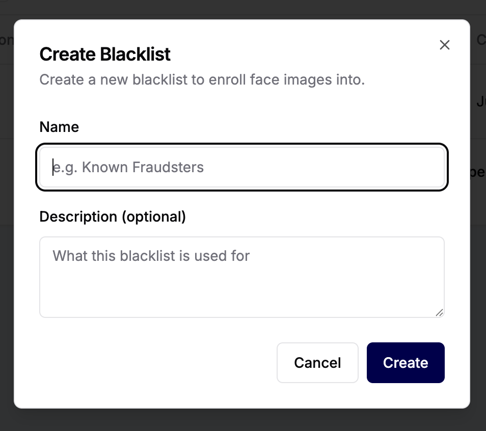 Create Blacklist modal with Name field and optional Description field