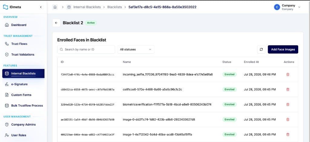 Blacklist detail page showing Enrolled Faces table with ID, Name, Status, Enrolled At, search, status filter, refresh, and Add Face Images button