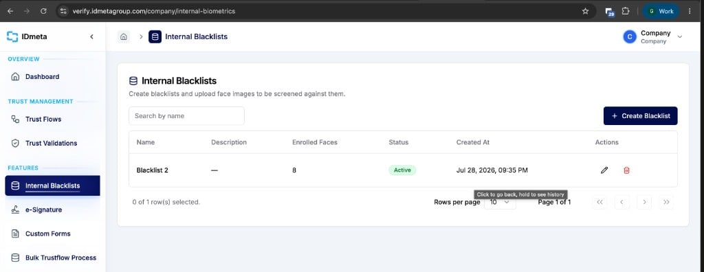 Internal Blacklists page showing a table of blacklists with Name, Description, Enrolled Faces, Status, Created At, and Actions, plus a Create Blacklist button