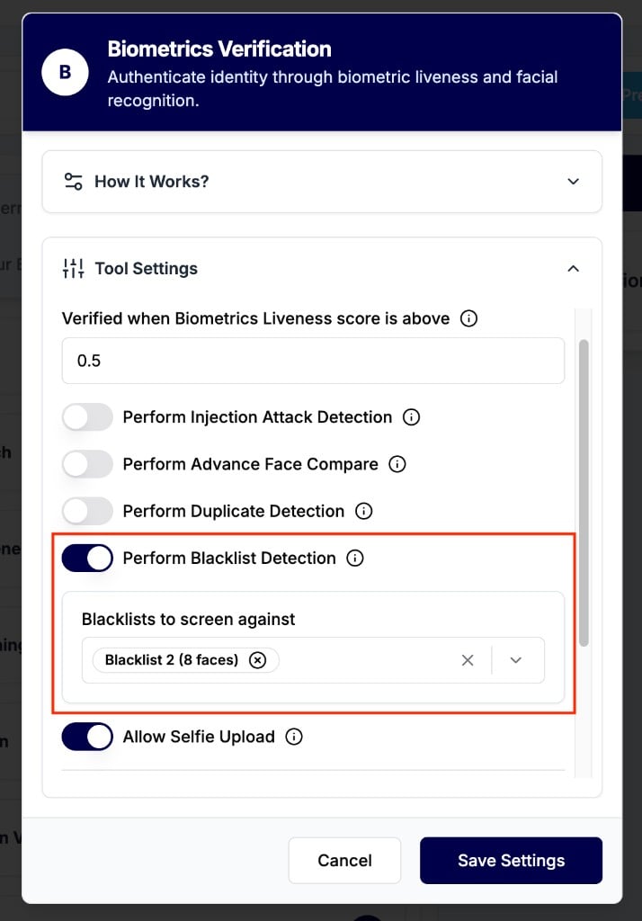 Biometrics Verification tool settings showing Perform Blacklist Detection toggle enabled and Blacklists to screen against multi-select with one blacklist selected