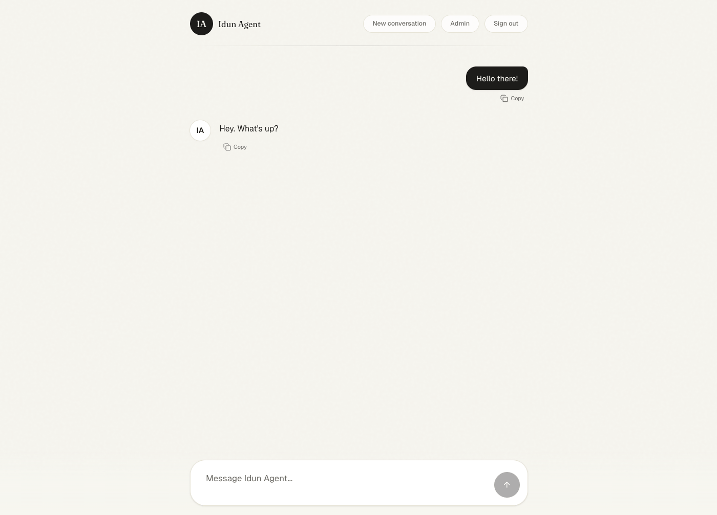Chat UI showing a hello/Hey-what's-up exchange