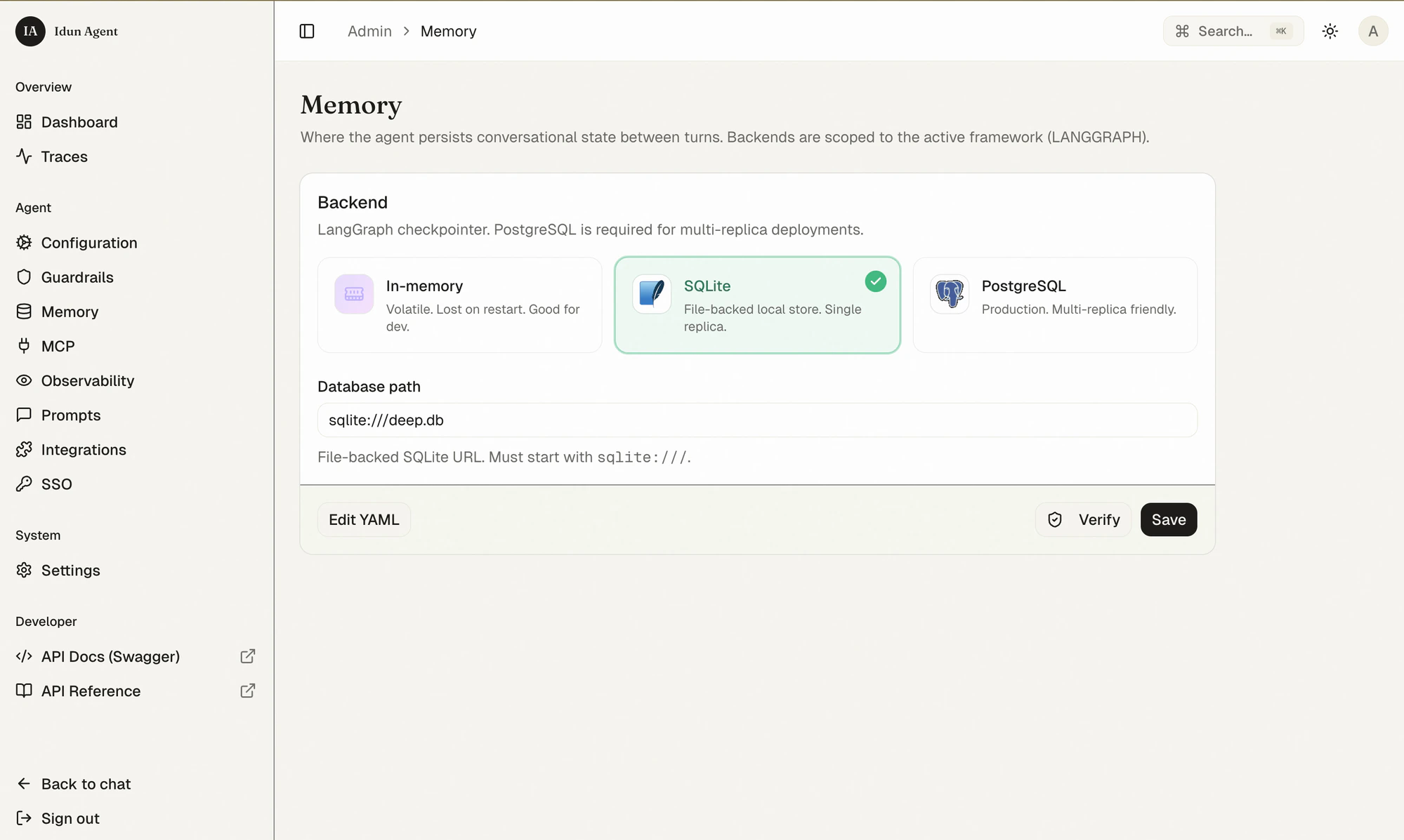 Memory — SQLite backend selected
