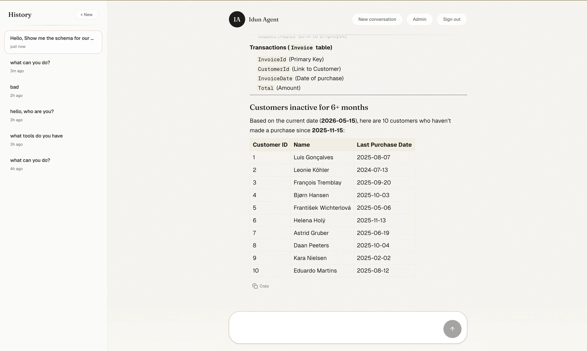 Chat — history sidebar with past conversations