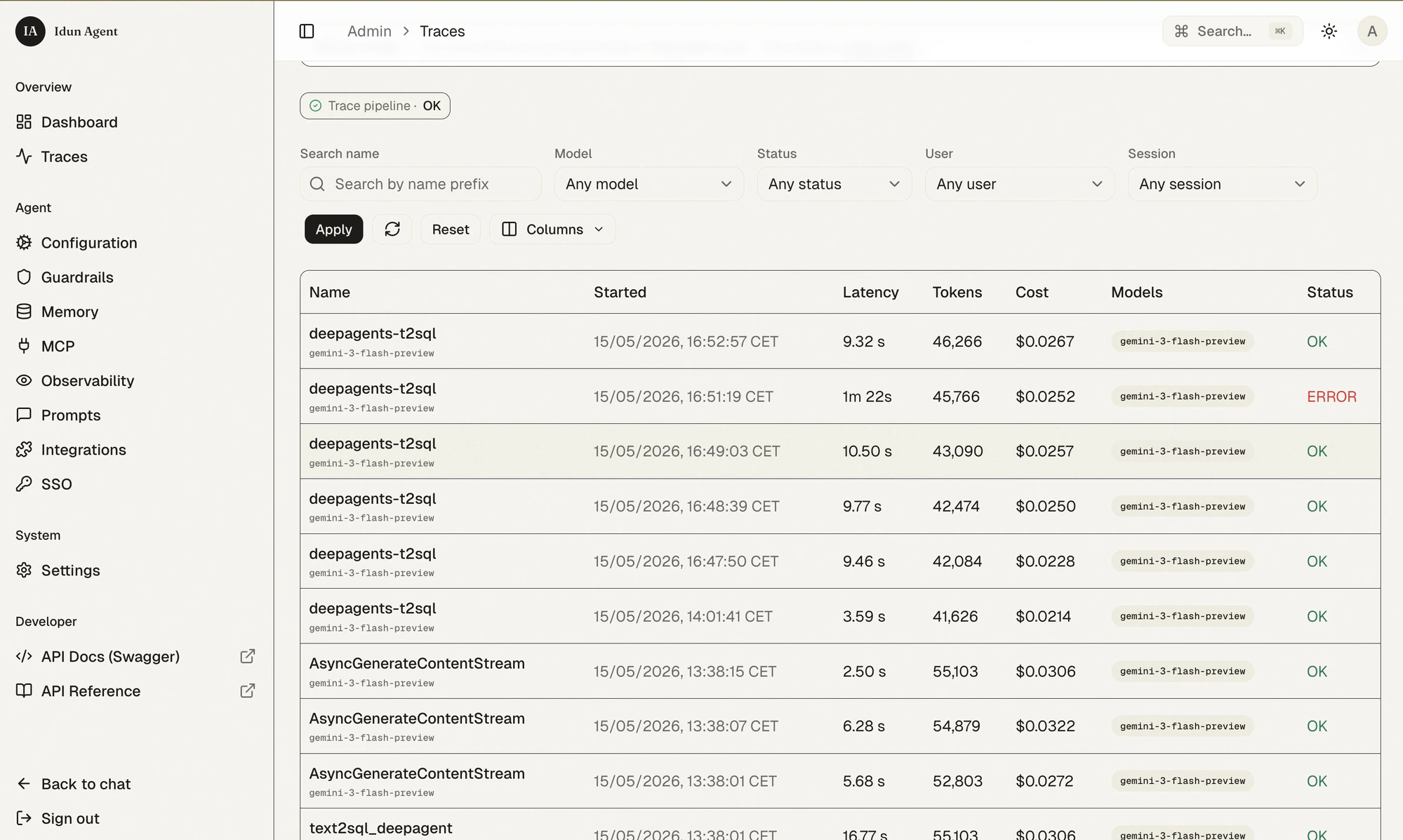 Traces — per-run list with tokens and cost
