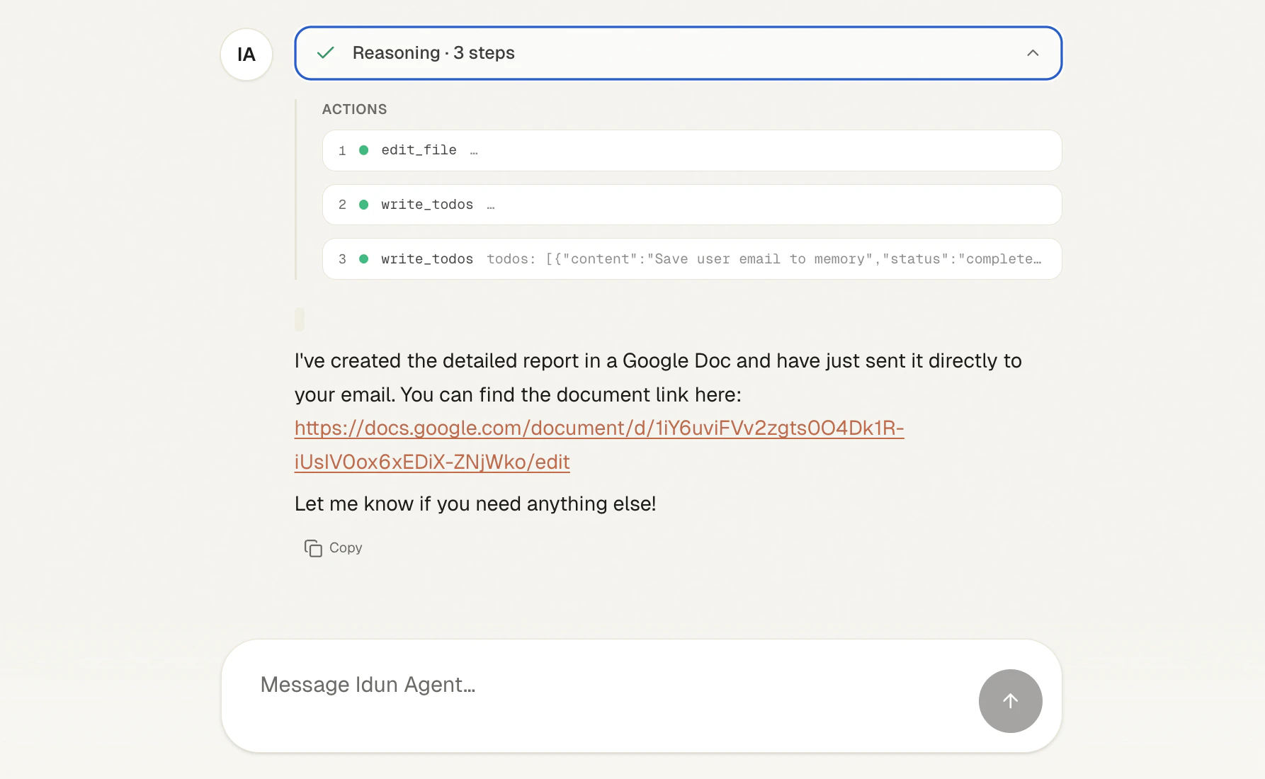 Chat — agent creating the doc and sending the email