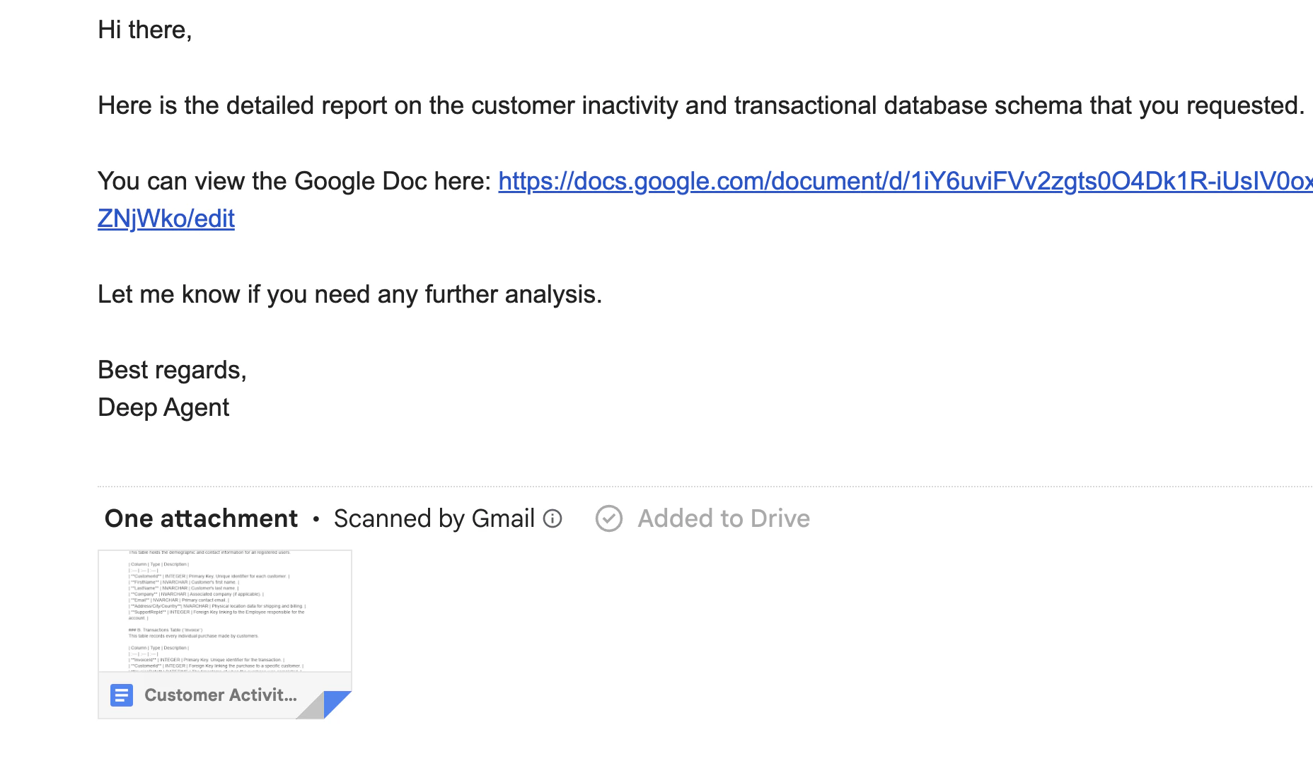 Email delivered with Google Doc attachment