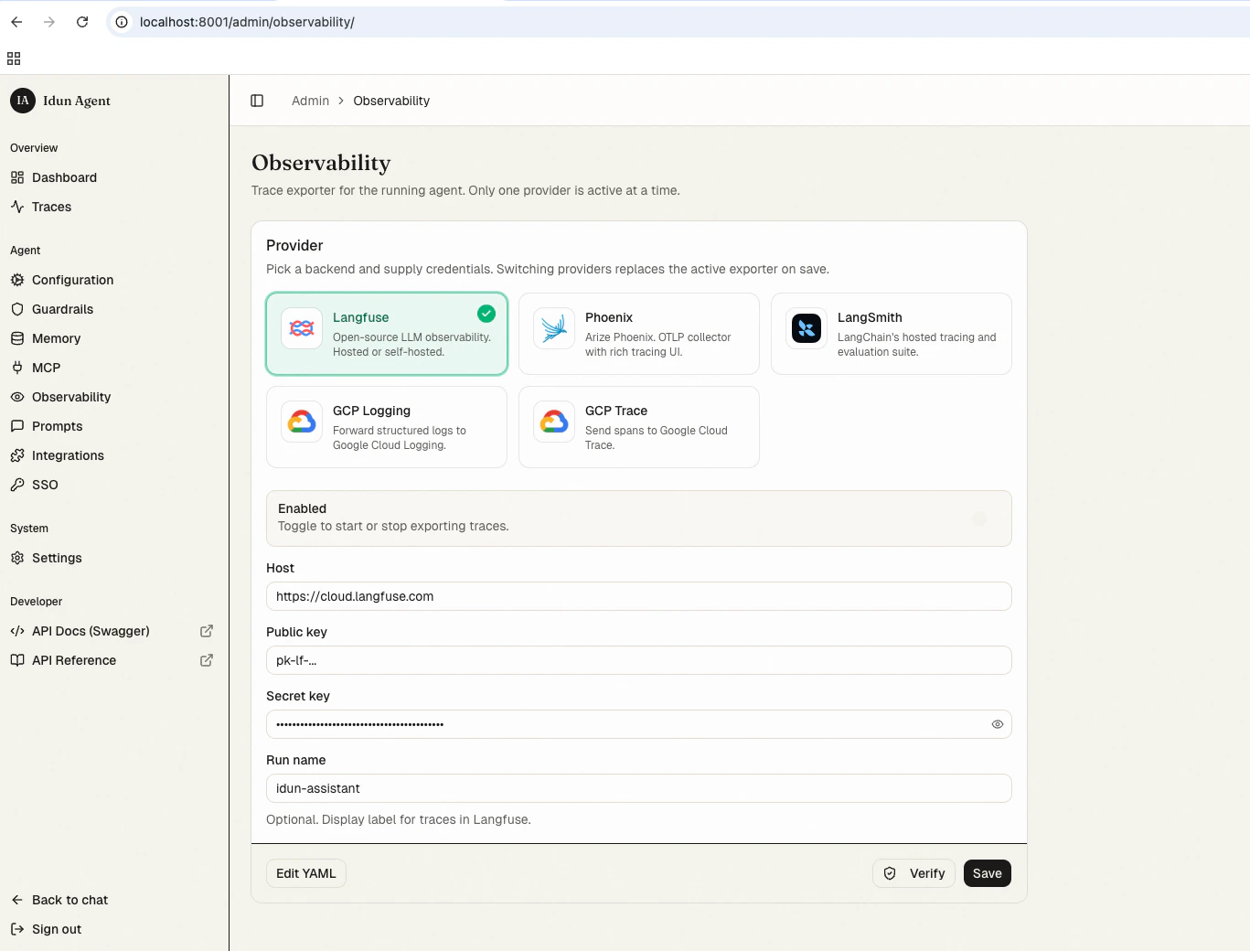 /admin/observability/ with Langfuse configured