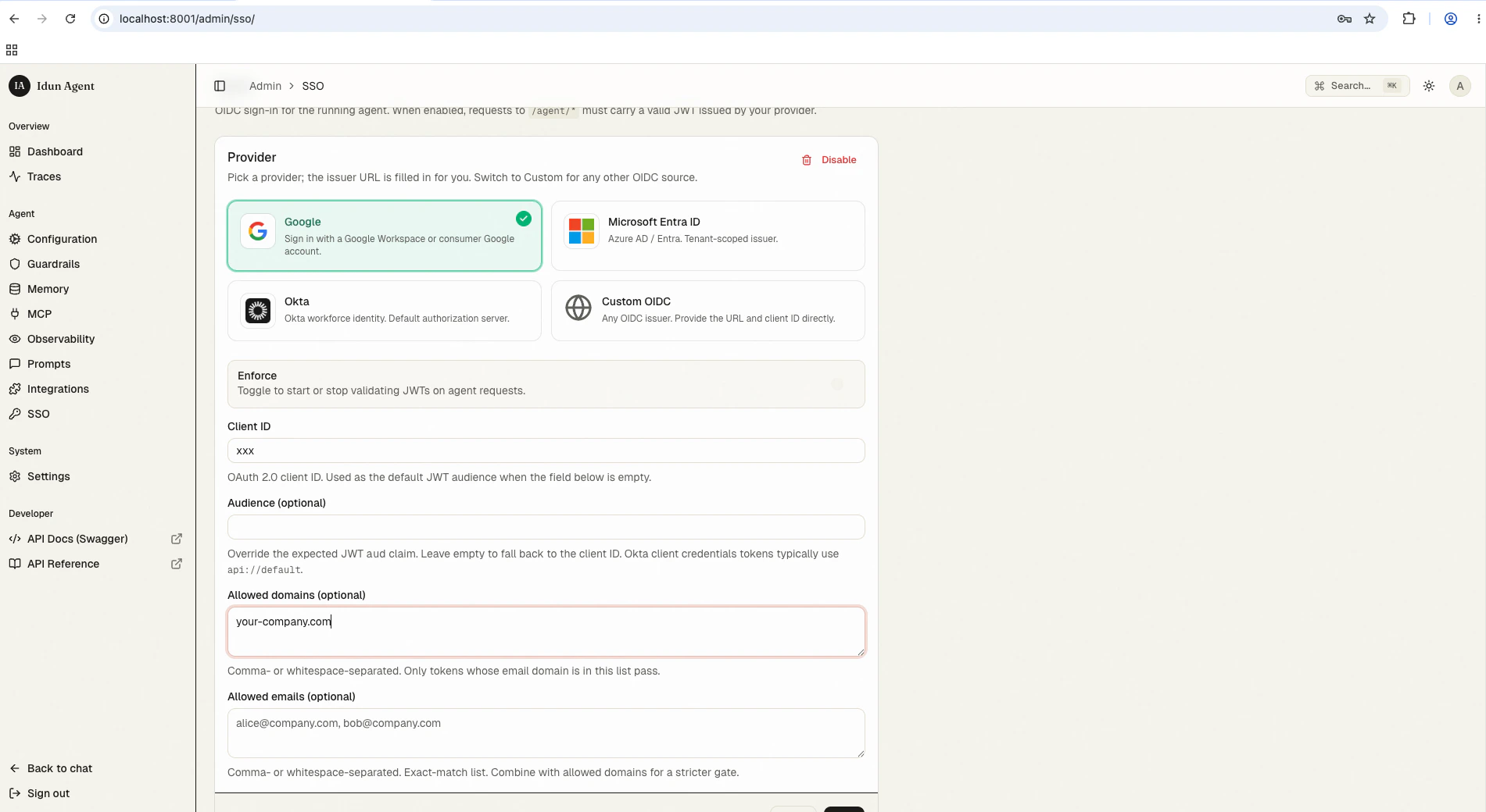 /admin/sso/ with Google OIDC and an idun-group.com allowlist