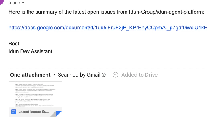 Gmail showing the summary email with the Google Doc attached