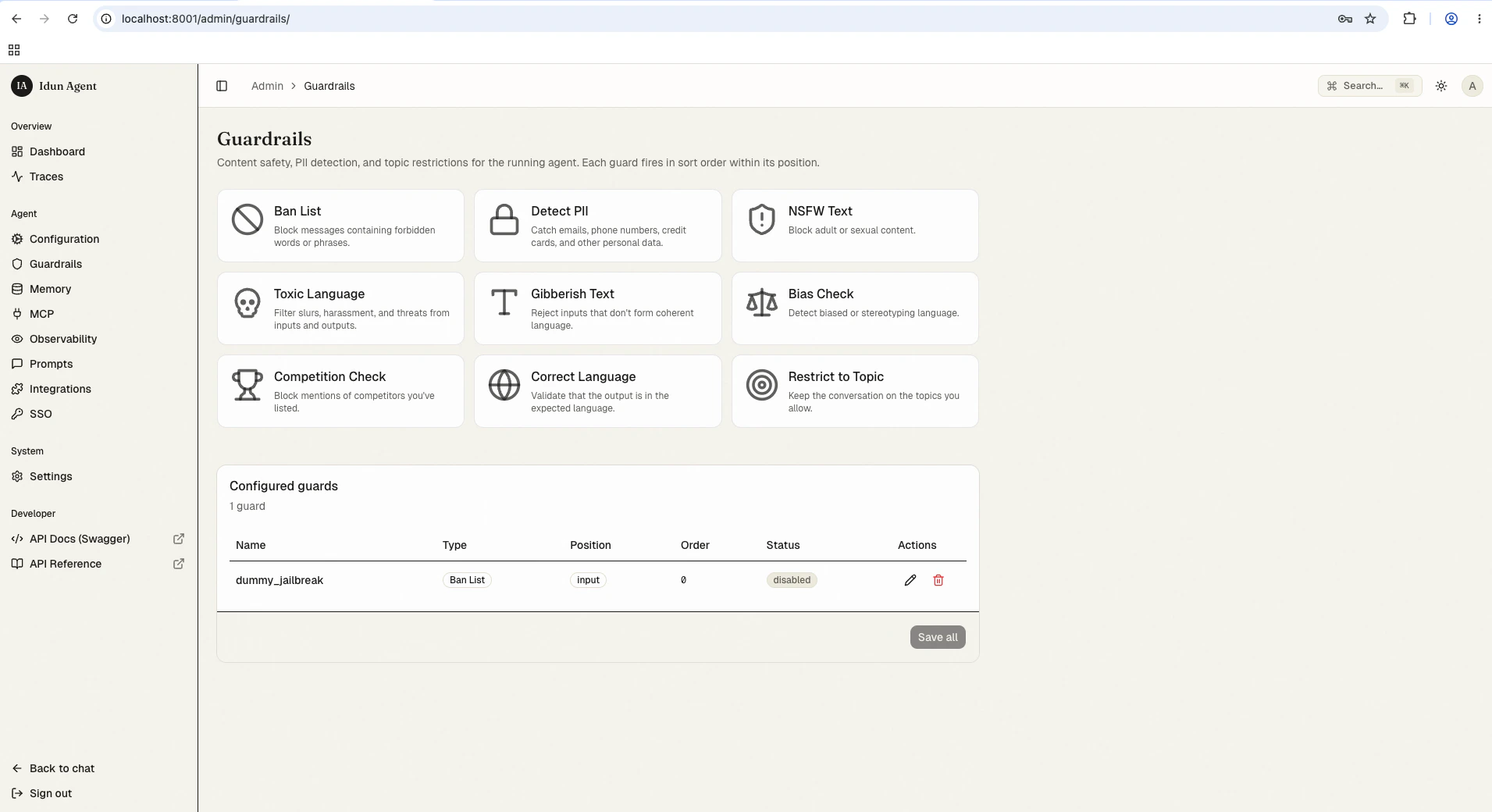 Guardrails admin page