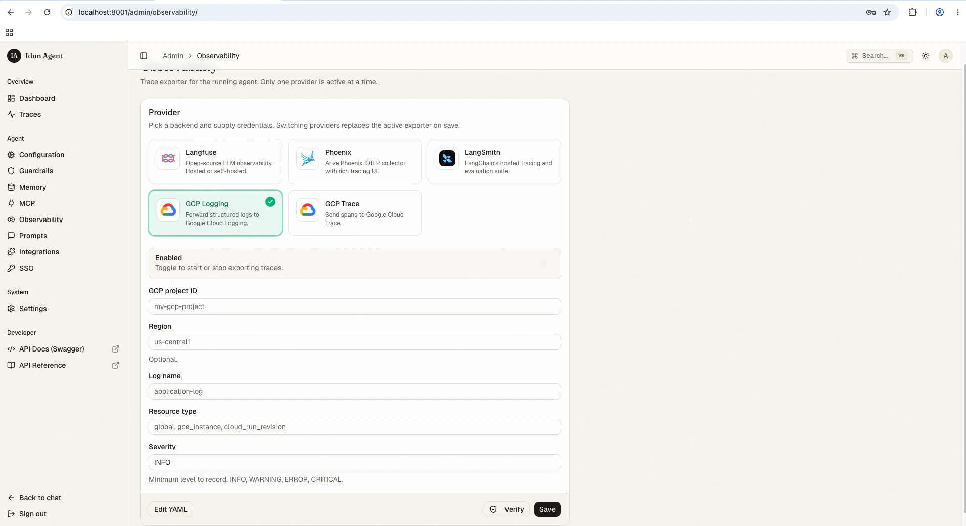 Observability admin page with GCP Logging selected