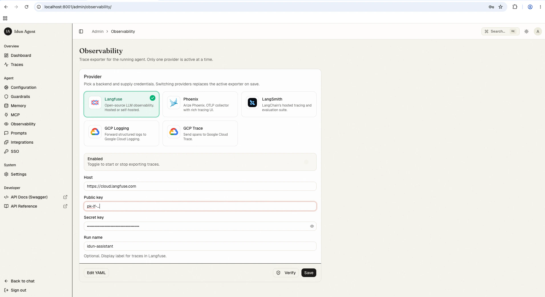 Observability admin page with Langfuse selected