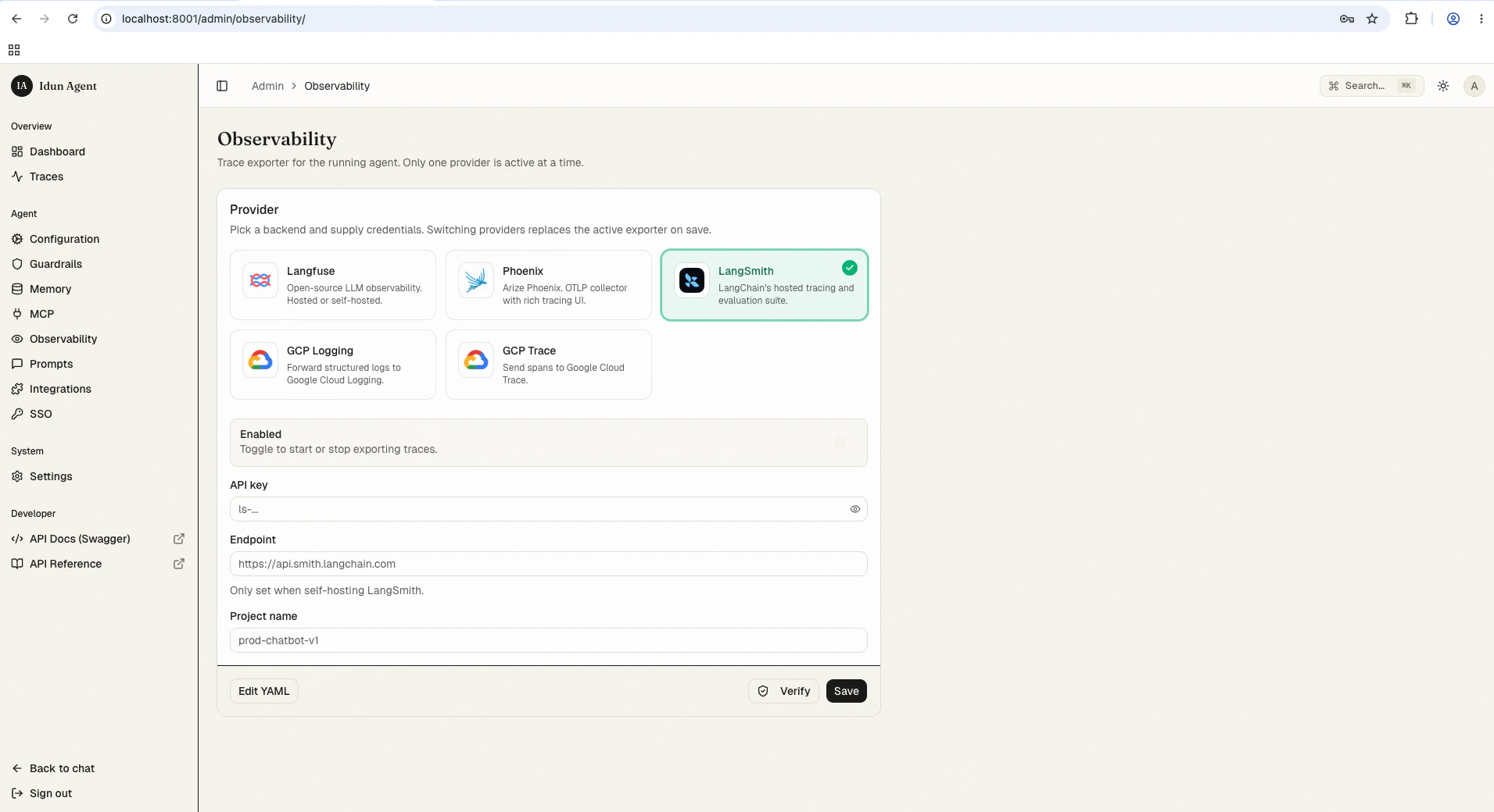 Observability admin page with LangSmith selected