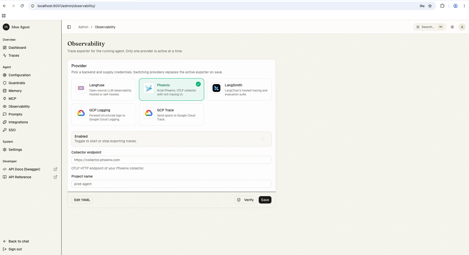 Observability admin page with Phoenix selected
