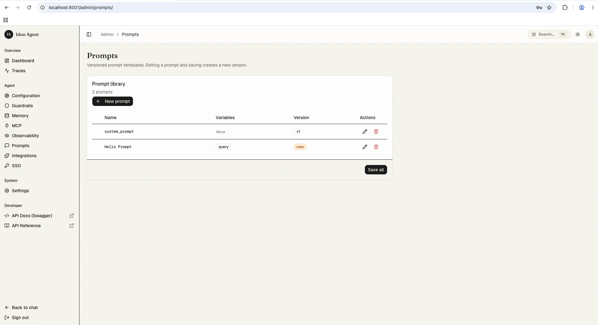 Prompts admin page