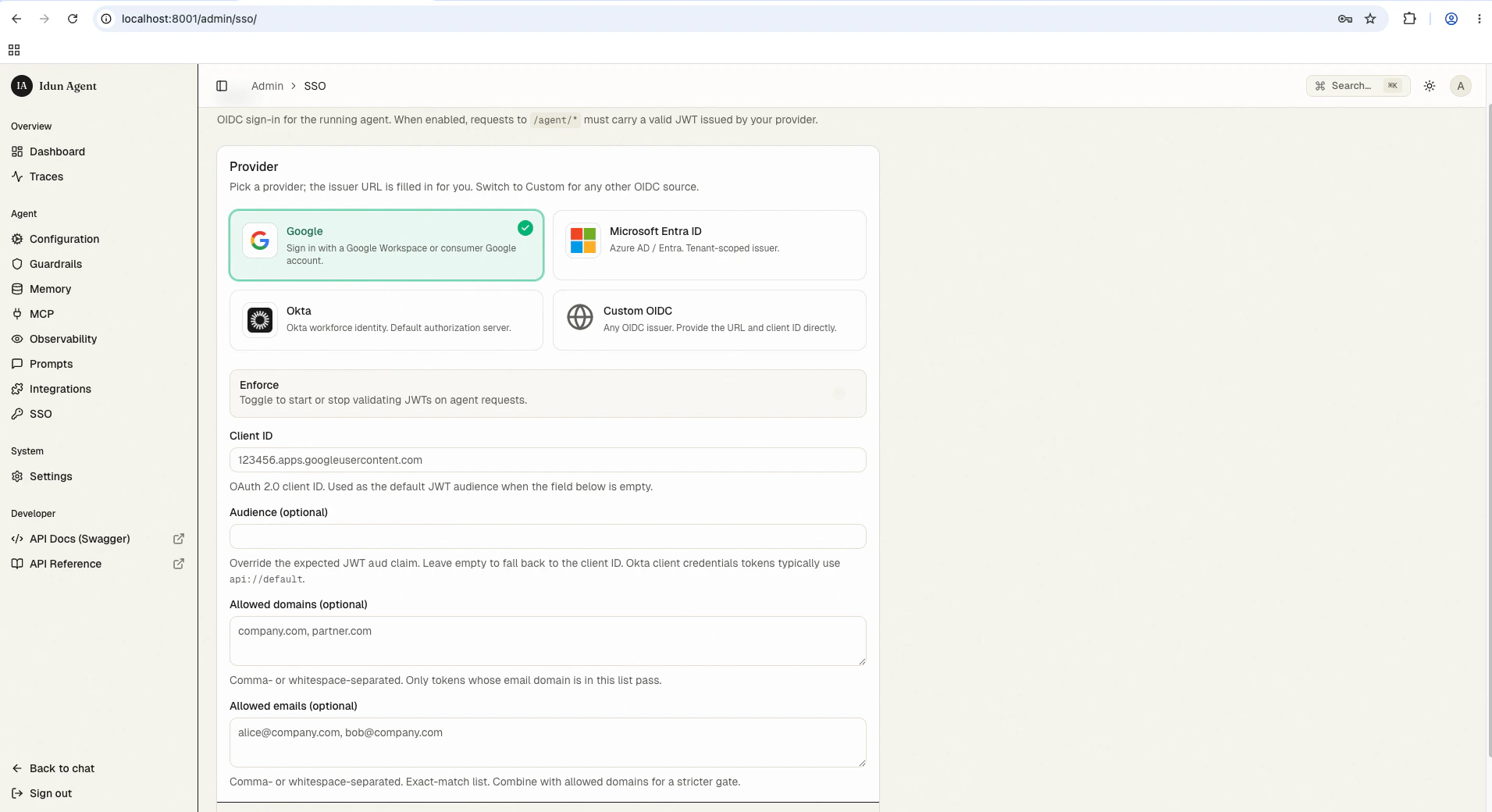 SSO admin page