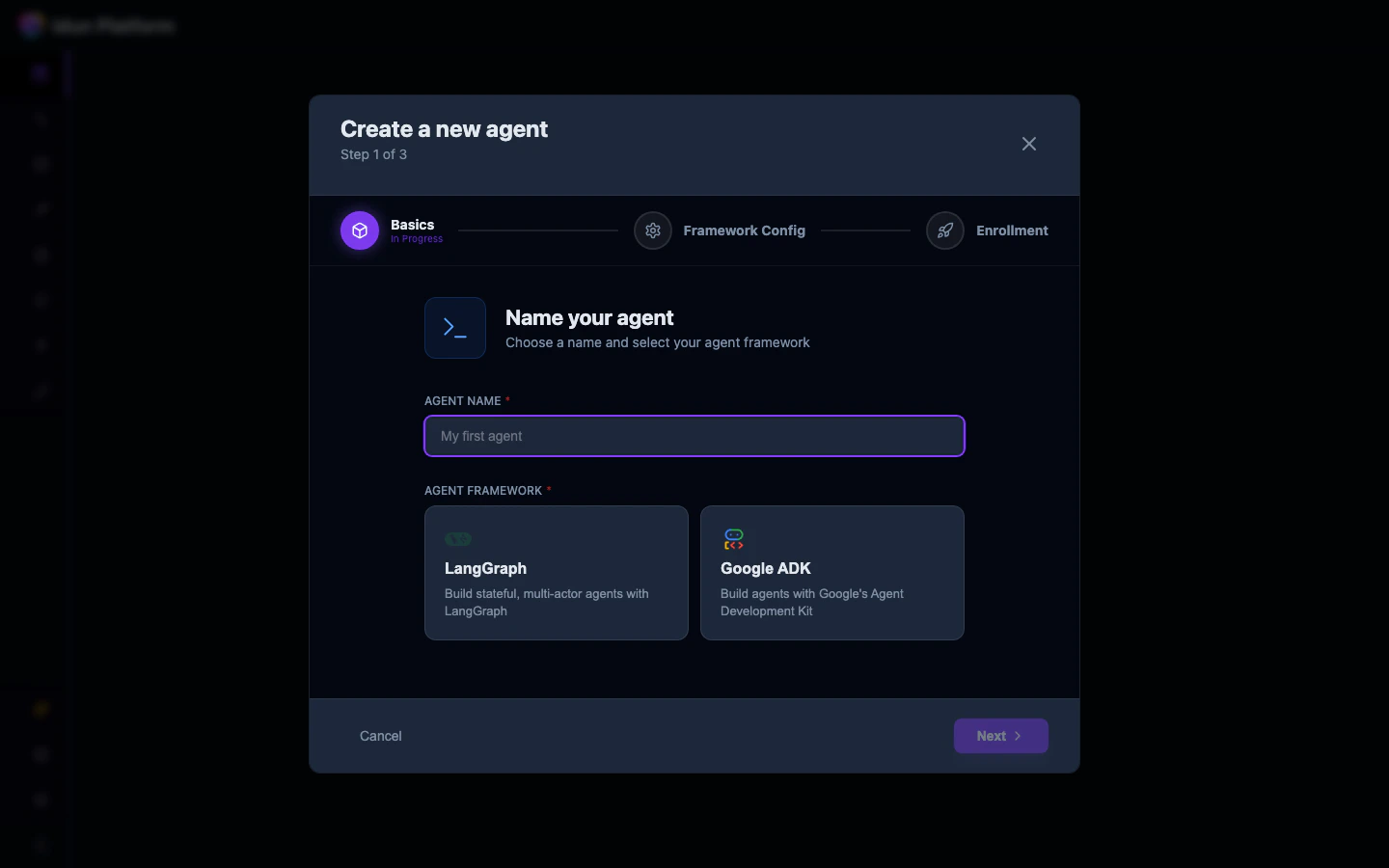 Select framework in the agent creation wizard