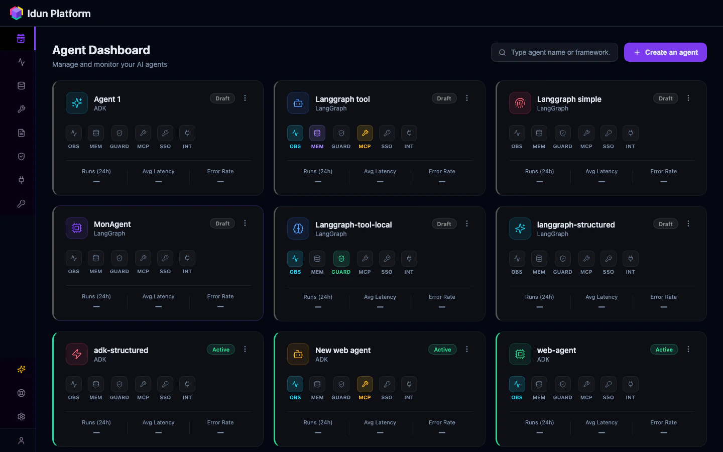 Agent dashboard showing card-based layout with agent status and resource indicators