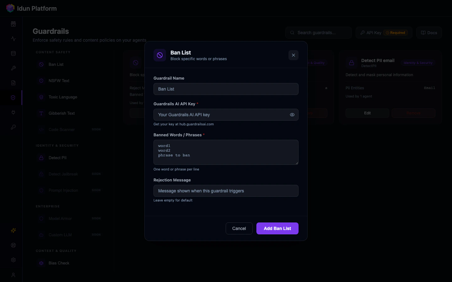 Create ban list guardrail