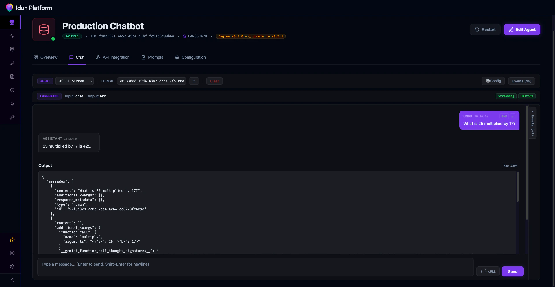 Chat tab with tool calling conversation