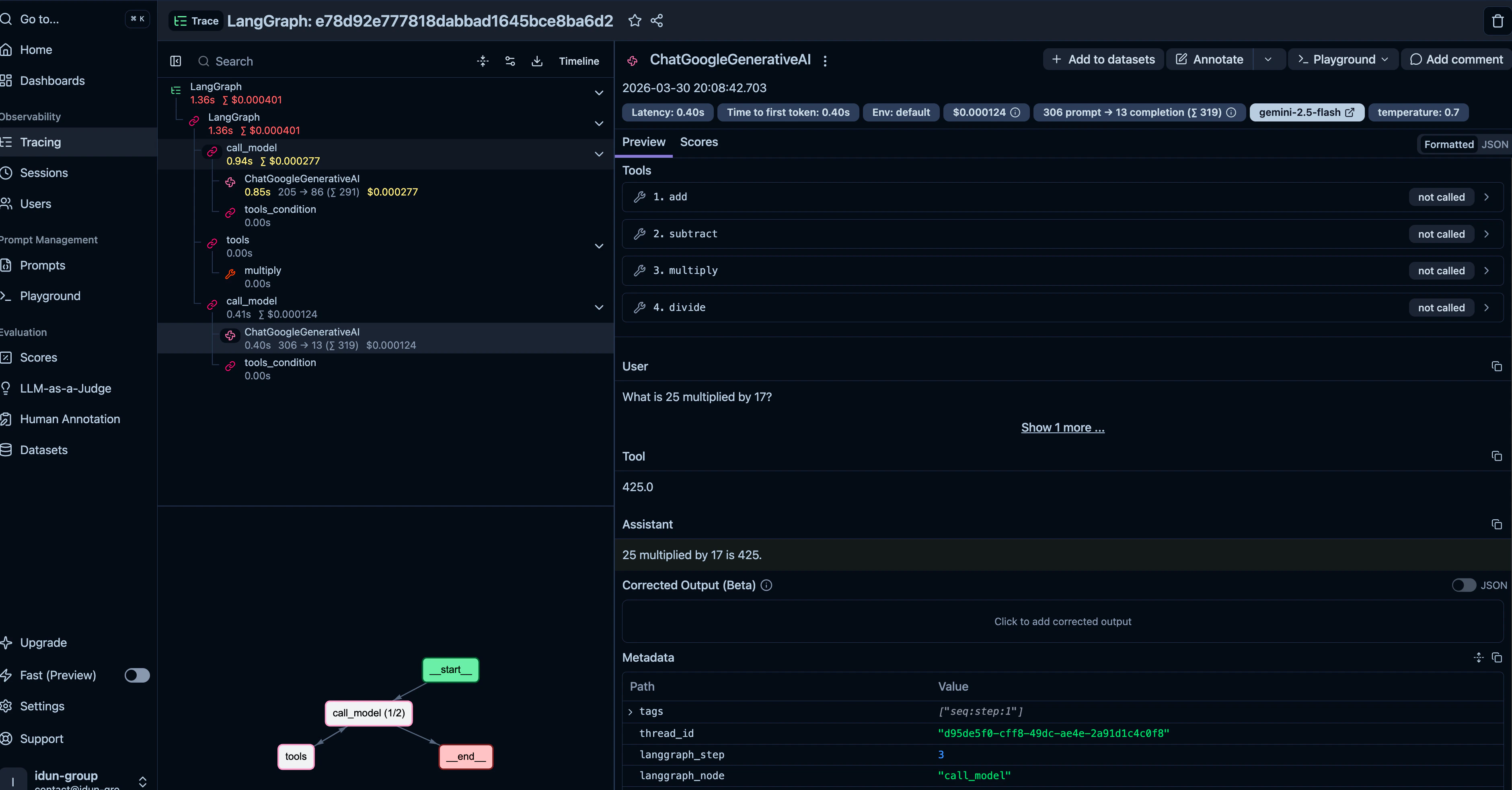 Langfuse trace showing LangGraph agent with tool calls