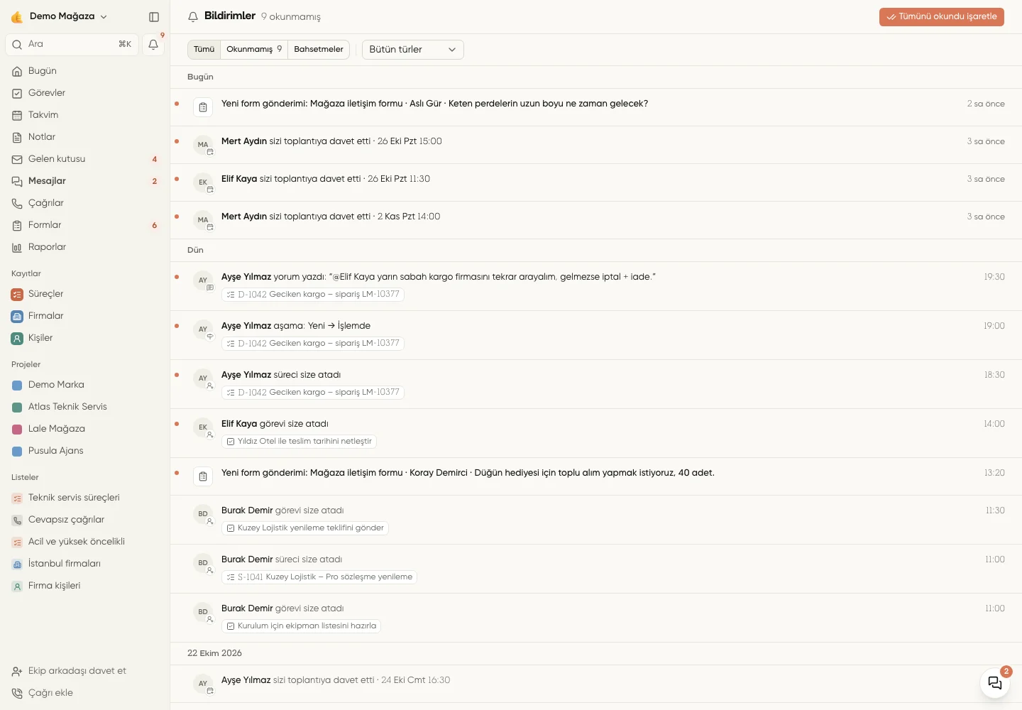 Bildirimler sayfasındaki tür ve okunma durumu süzgeçleri